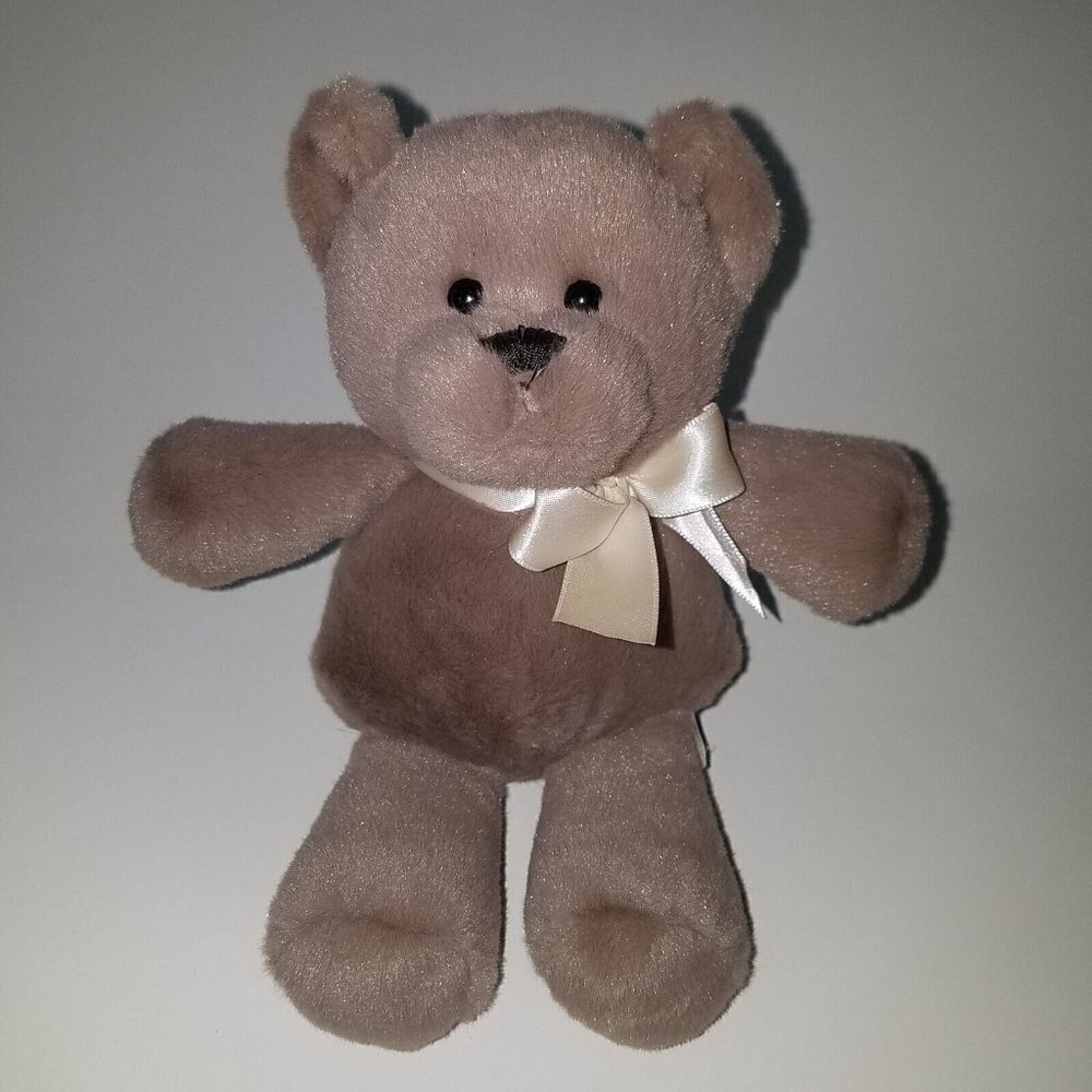Truffles GANZ Brown Teddy Bear Plush Ivory Bow Small 6" Stuffed Animal Lovey Toy